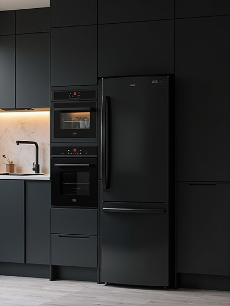 Modern black kitchen with seamless black appliances integrated flush with matte black cabinetry for a cohesive monochromatic design