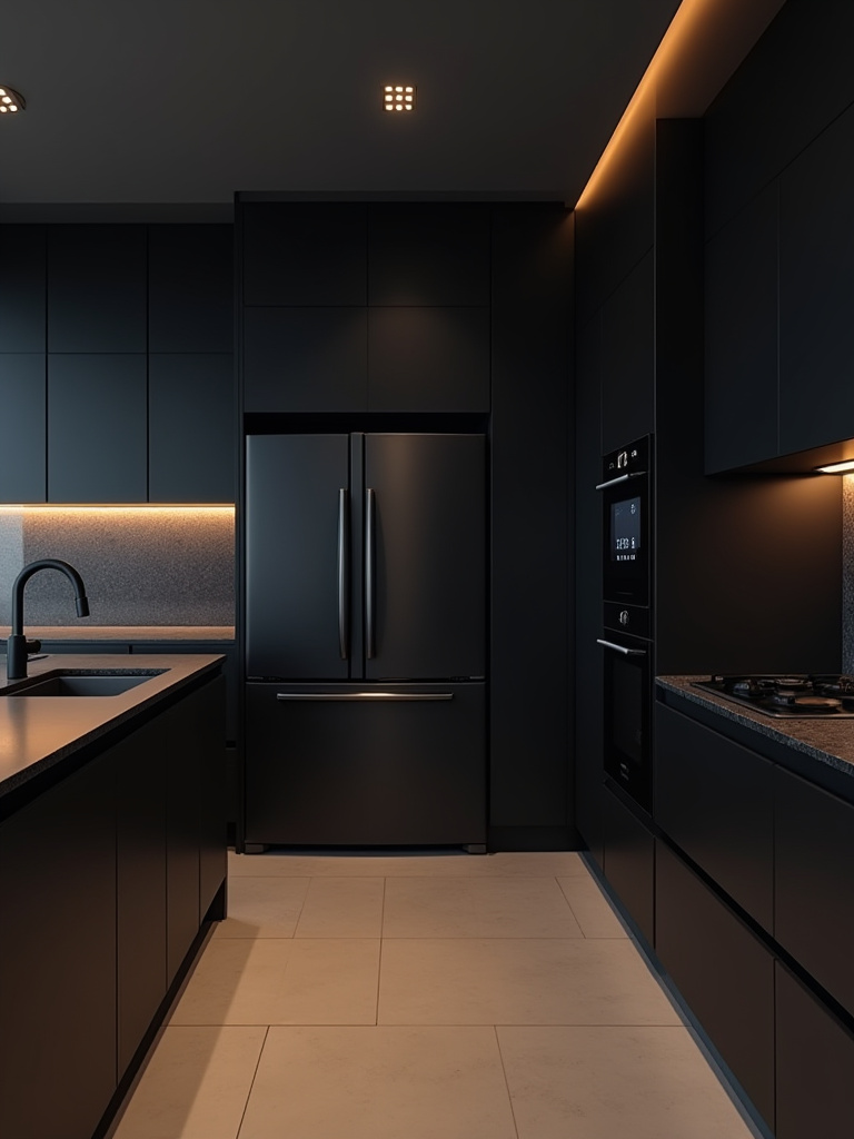 Modern black kitchen with integrated smart home technology including smart appliances and lighting, showcasing a seamless and minimalist design.