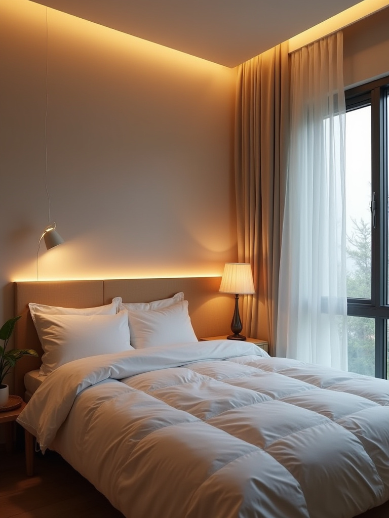 Portrait view of a cozy bedroom corner with integrated warm backlighting and ambient LED, no people, inviting texture and mood.