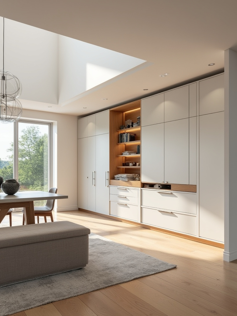 Modern dining room with integrated smart storage solutions, including lift-top bench and sleek sideboard, showcasing clutter-free living