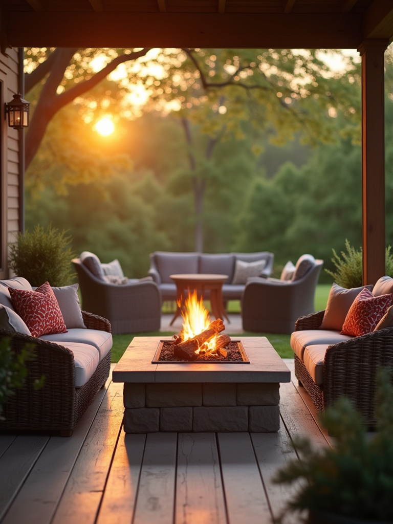 Backyard porch with cozy fire pit and fire-rated seating during golden hour