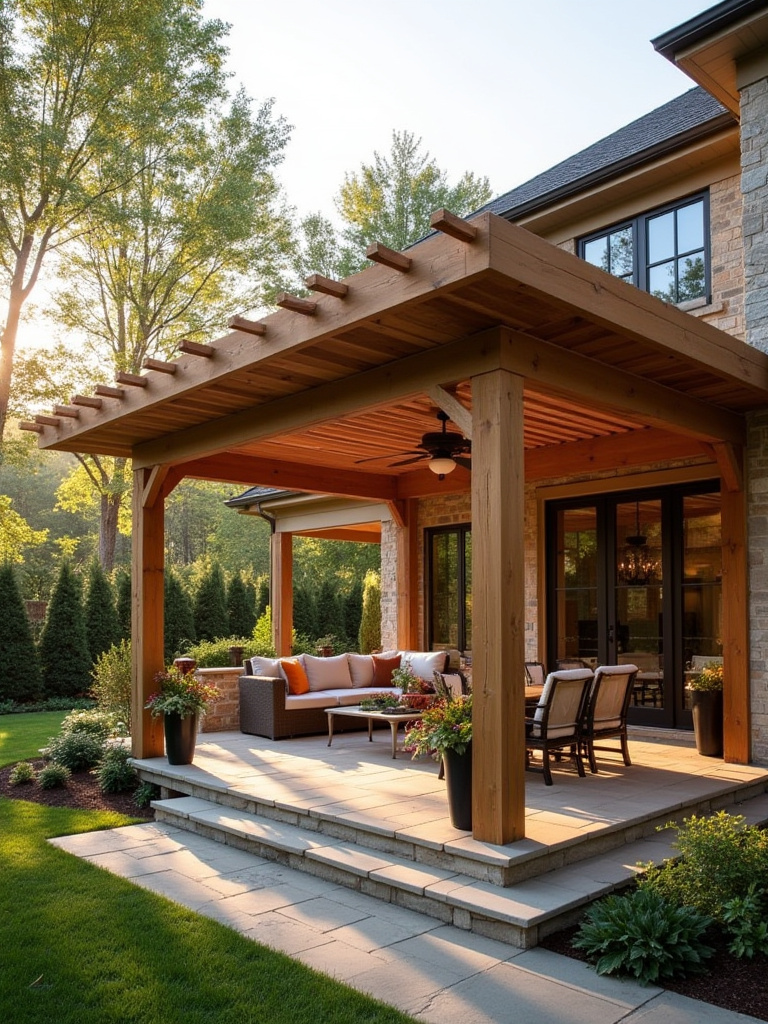 Backyard porch with an elegant pergola roof design providing shade and shelter