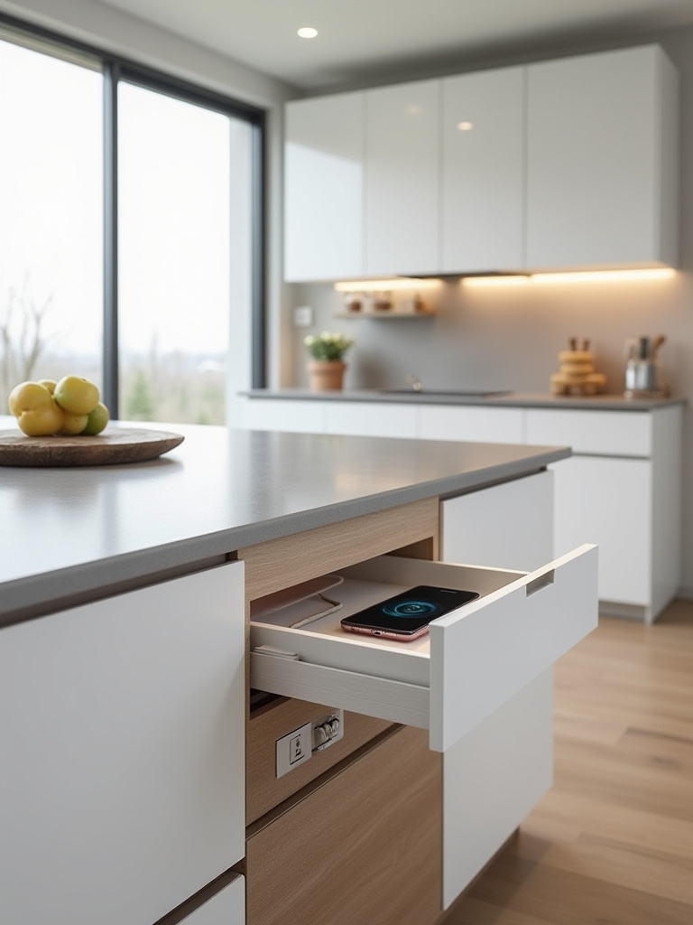 Vertical shot of a modern kitchen island with a hidden charging drawer and soft glowing outlets.