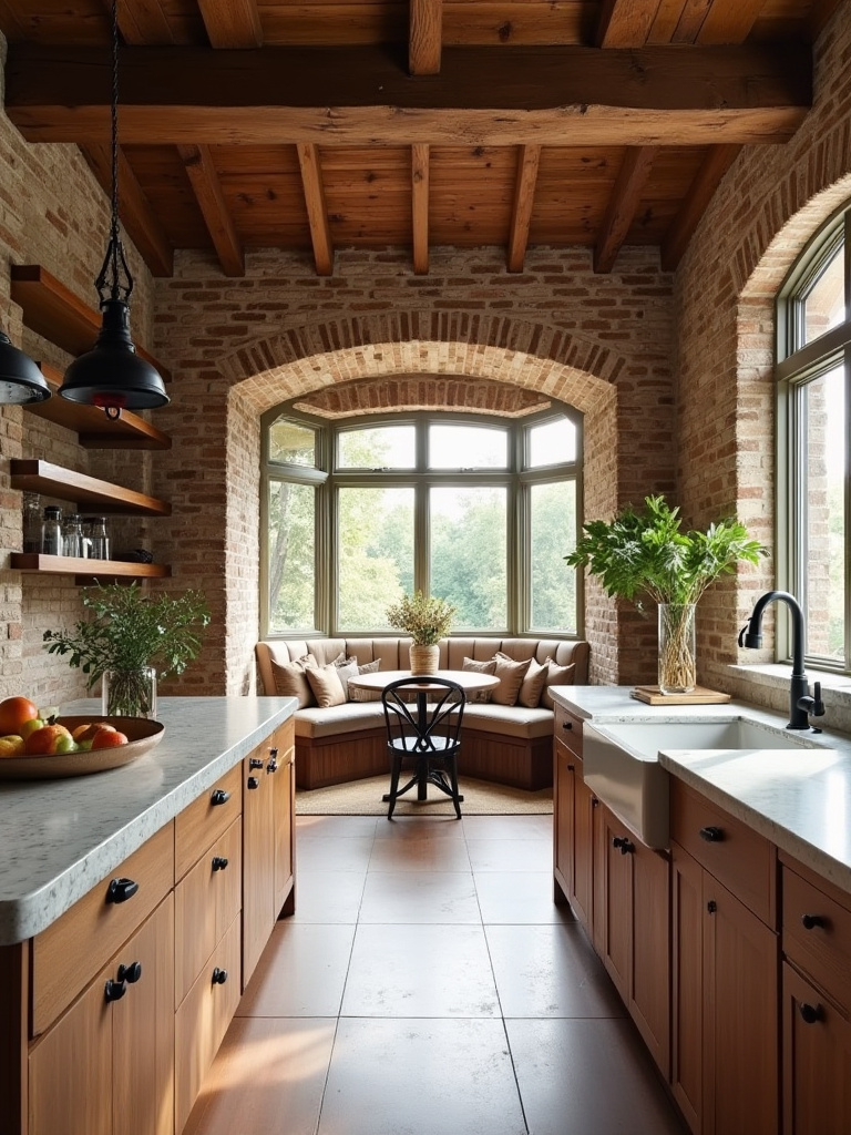 Portrait kitchen scene featuring exposed brick, timber beam, arched doorway, and large original window highlighting integrated architectural features.