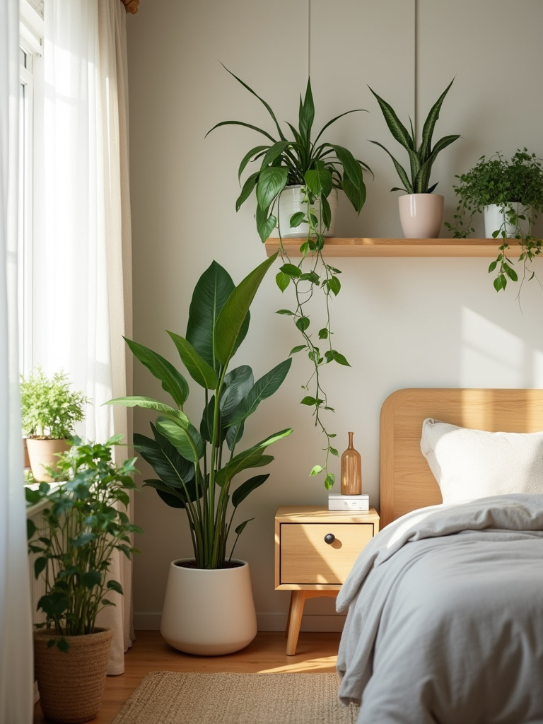 Cozy bedroom corner with air-purifying indoor plants on floor and shelves