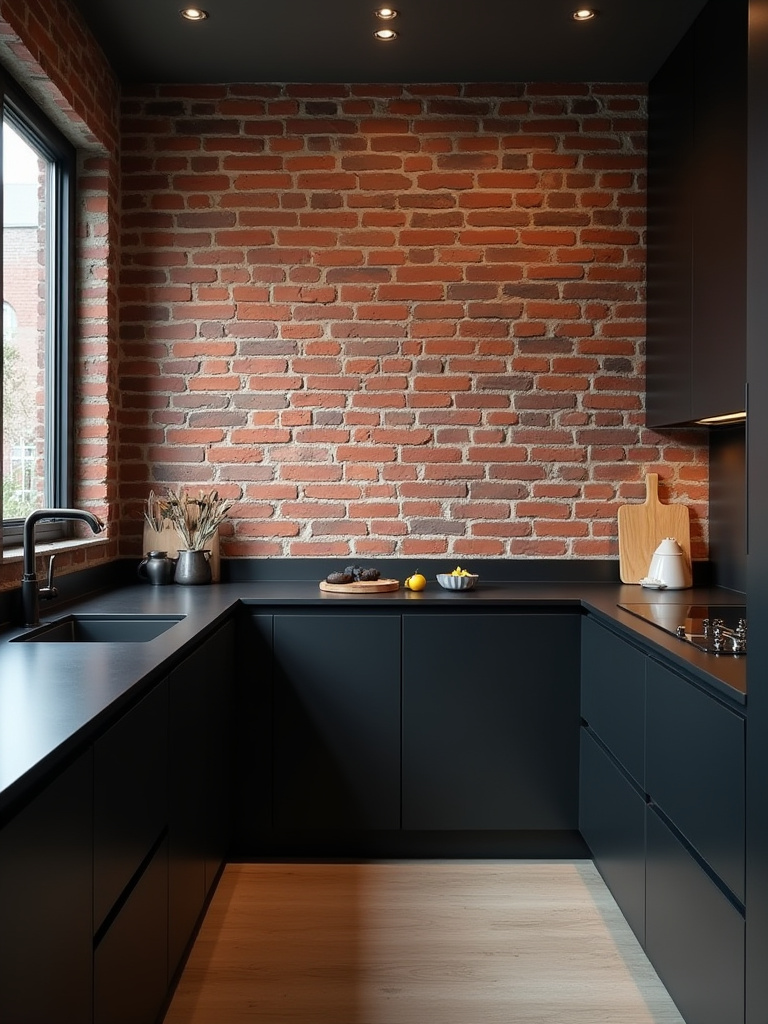 Modern black kitchen with exposed brick wall showcasing rustic industrial design