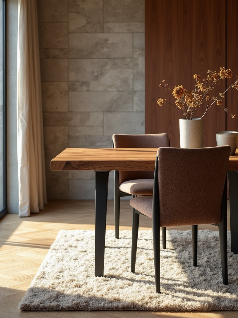 Modern dining room with mixed materials including walnut table, black steel chairs, wool rug, and stone wall panels