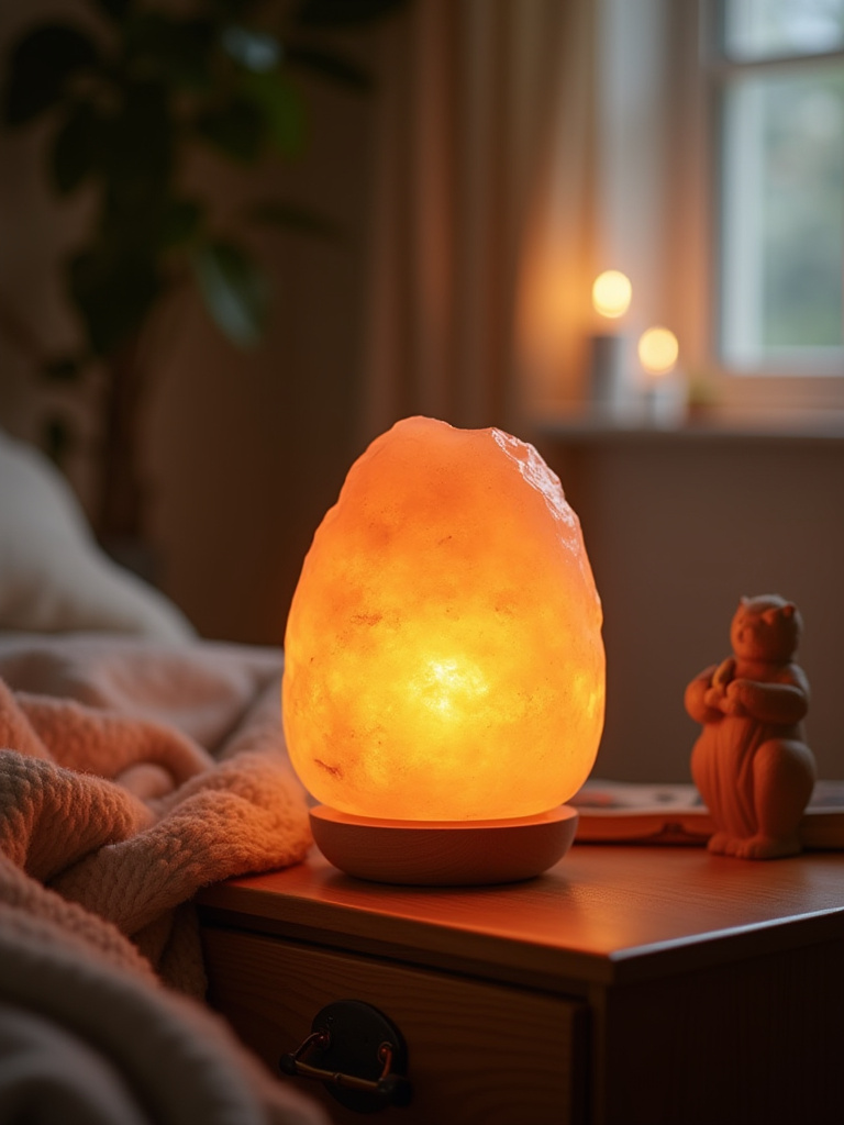 Cozy bedroom corner with glowing Himalayan salt lamp emitting warm orange light on nightstand