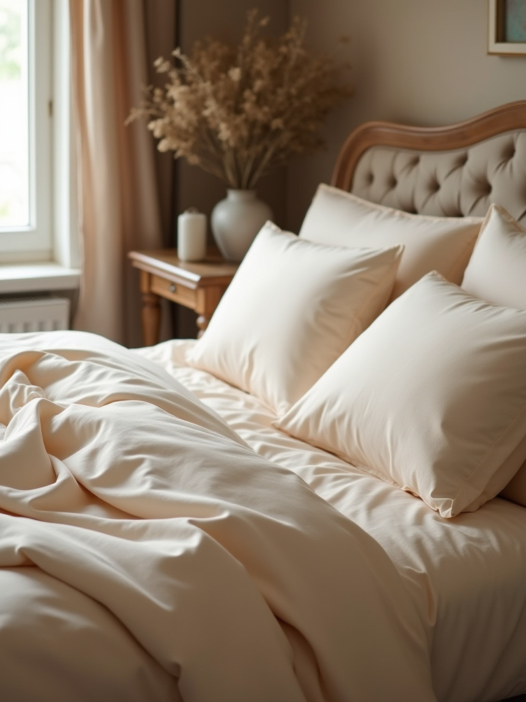 Cozy bedroom with luxurious high-thread-count bedding in soft neutral tones under soft natural lighting