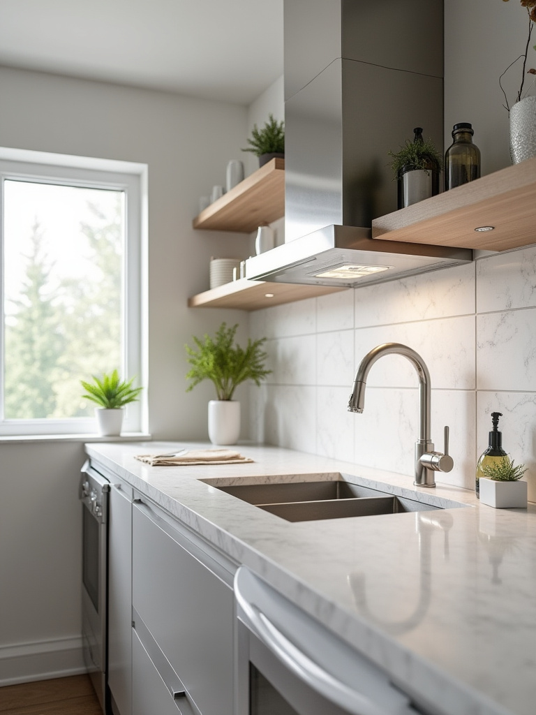 Small kitchen featuring durable quartz countertops and porcelain backsplash with stainless steel fixtures