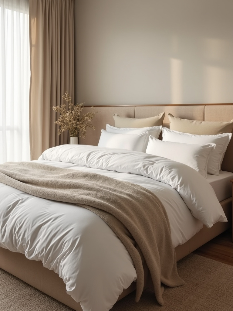 Vertical photo of a luxury bedroom featuring ultra-soft layered bedding in neutral tones with soft morning light