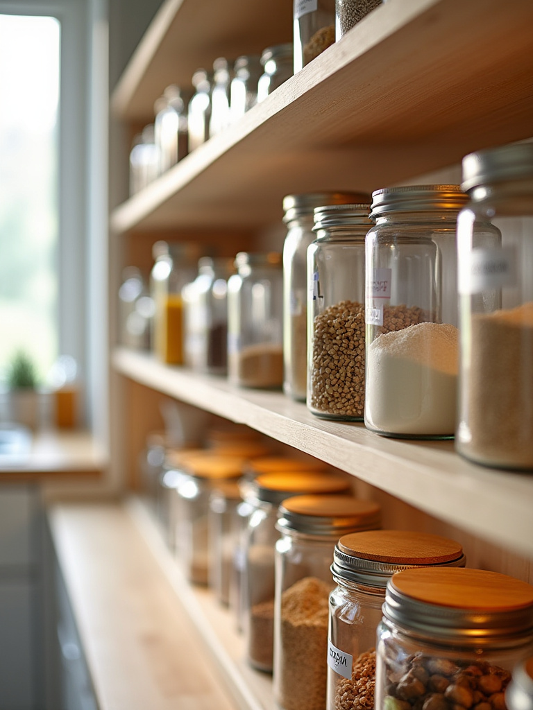 Neatly organized pantry with uniform glass containers and color-icon labels (no text).
