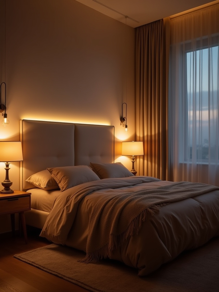 Cozy bedroom with layered warm ambient lighting: overhead glow, bedside lamps, and hidden LED halo behind headboard; warm neutrals and plush textures; no people.