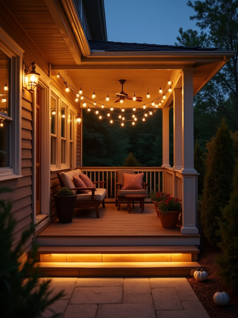 Backyard porch lit with layered ambient, task, and accent lighting creating versatile evening moods