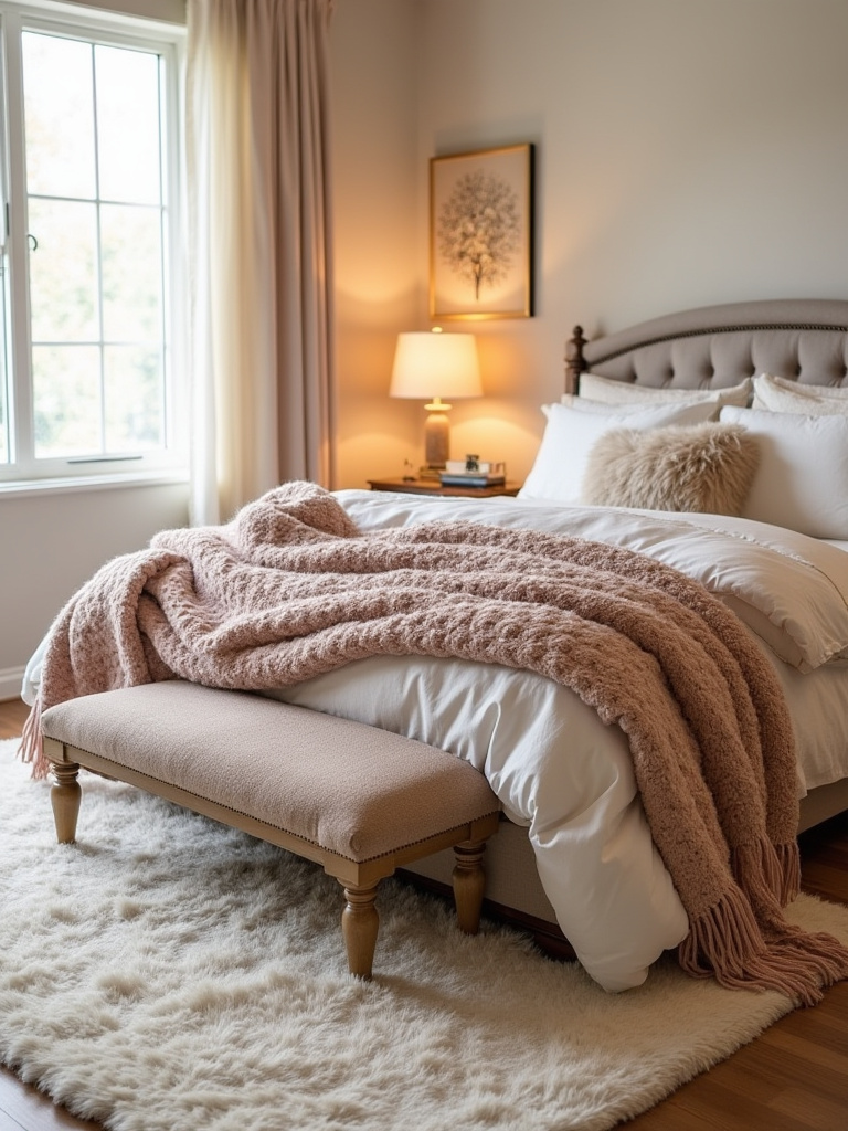 Cozy bedroom with layered plush throws and rugs showing soft textures