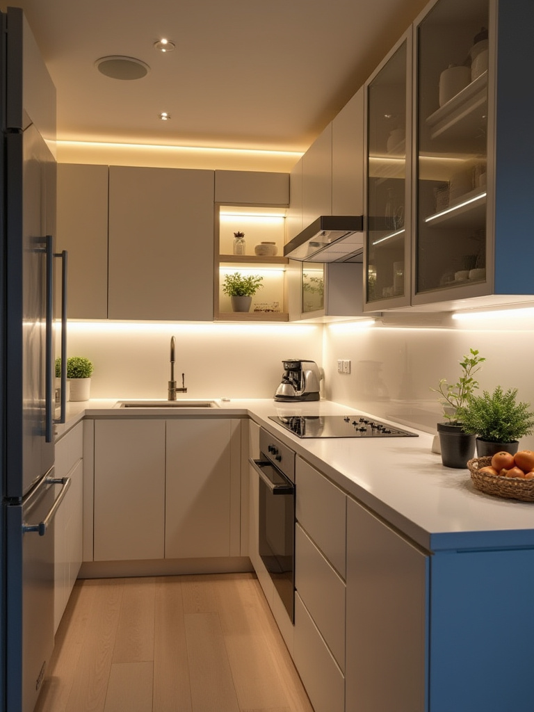 Small modern kitchen with layered ambient, task, and accent lighting illuminating workspaces and cabinets
