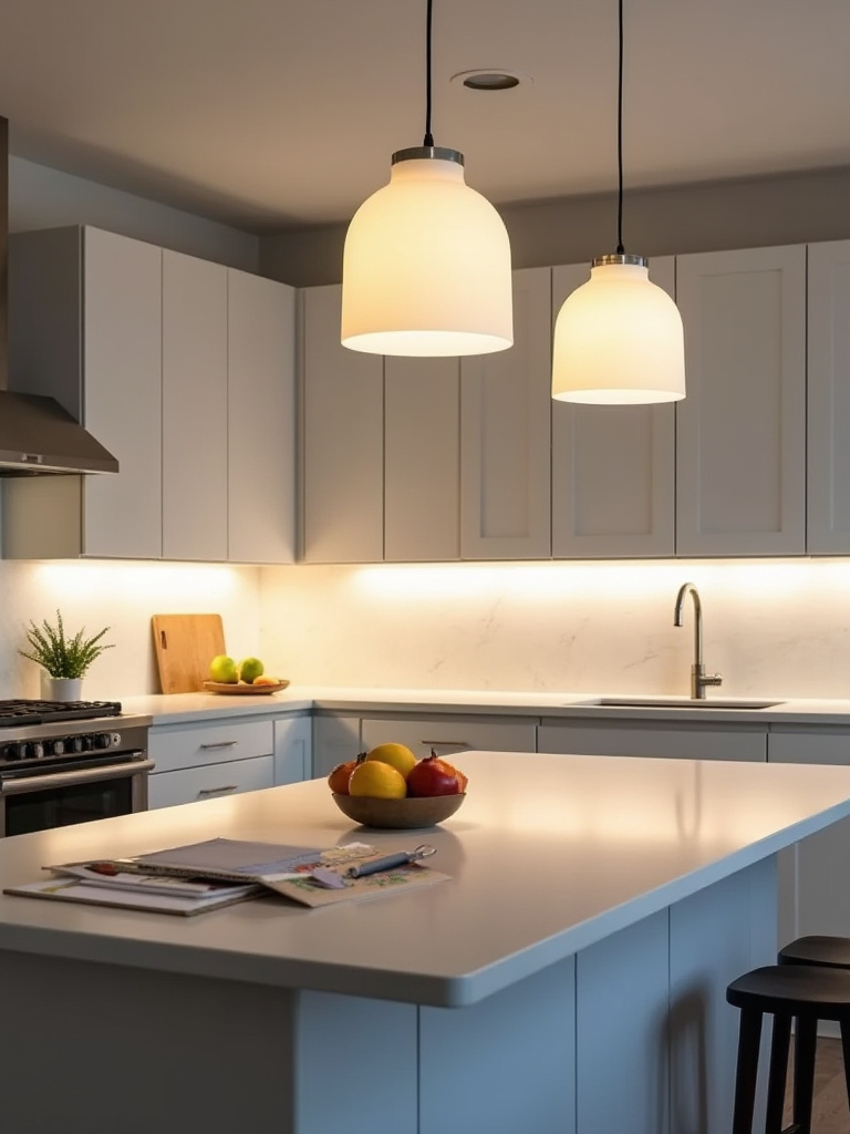 Modern kitchen island lit by frosted pendant lights and opal under-cabinet diffusers showing soft, even illumination and reduced glare