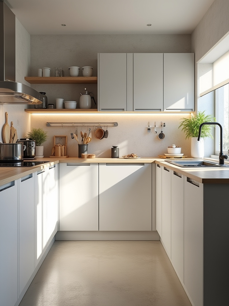 Compact small kitchen showing clearly defined function zones for storage, preparation, cooking, serving, and cleaning with organized countertops and cabinetry