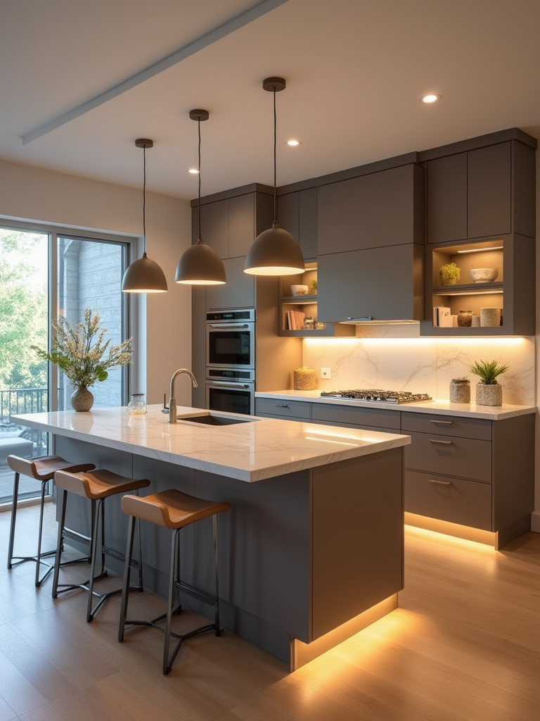 Vertical photo of modern kitchen showing recessed ambient lights, under-cabinet task LEDs, pendant island lights, and in-cabinet <a href=