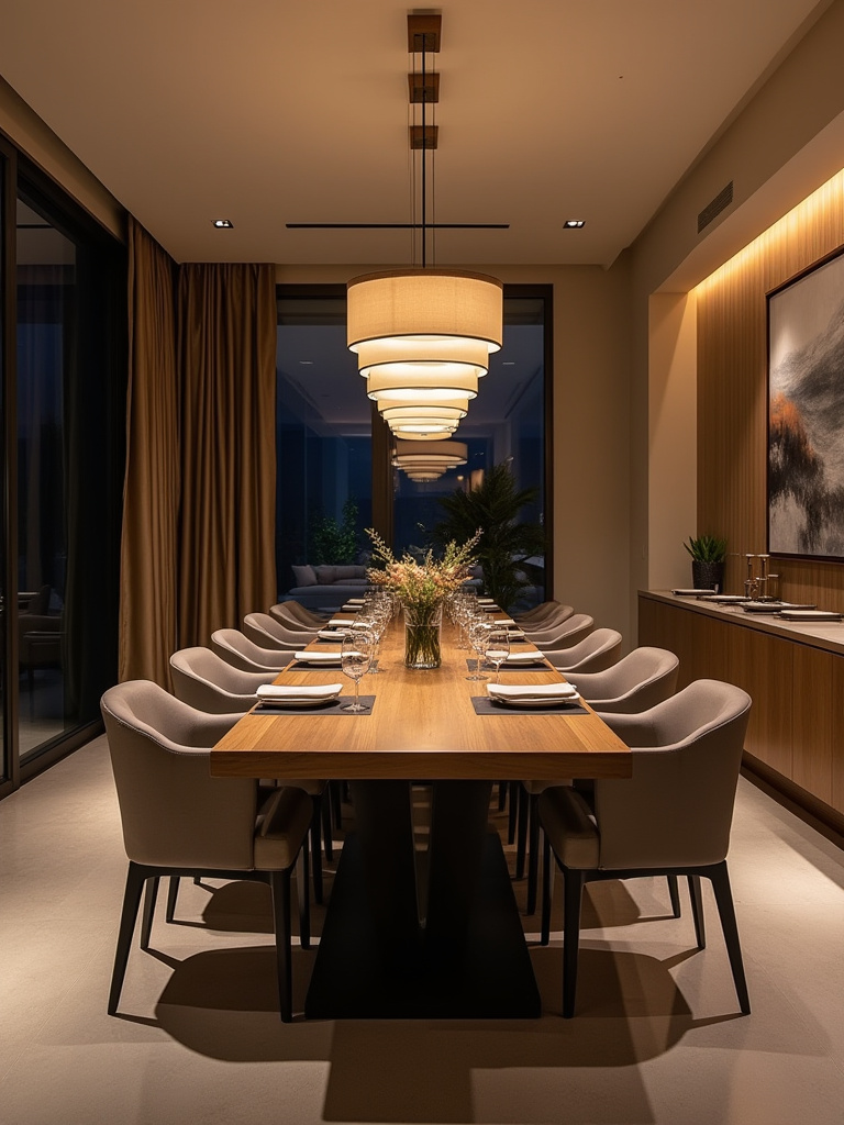 Modern dining room interior featuring layered lighting with chandelier, pendant, and accent lights creating dynamic ambiance