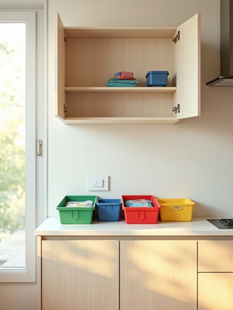 Vertical portrait of a clean kitchen cabinet after emptying and sorting, with four color-coded piles on the counter.