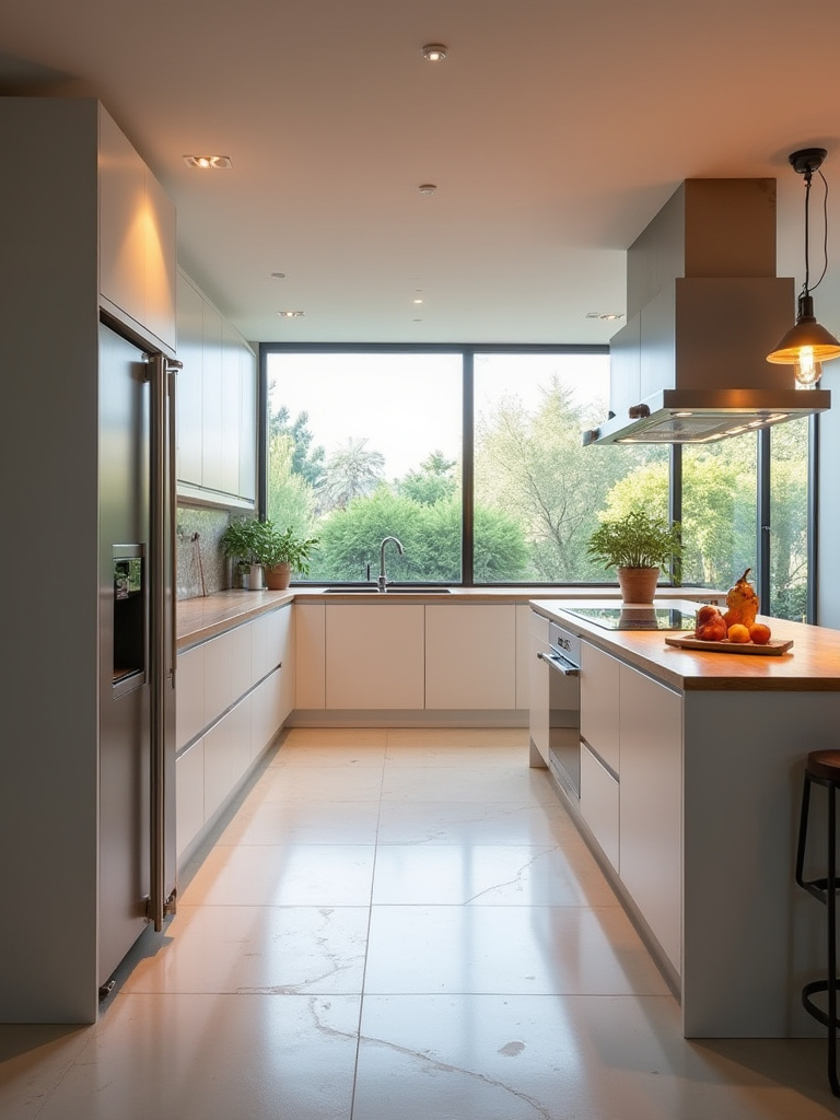 Portrait view of a modern kitchen showing the work triangle with fridge, island sink, and opposite-wall range