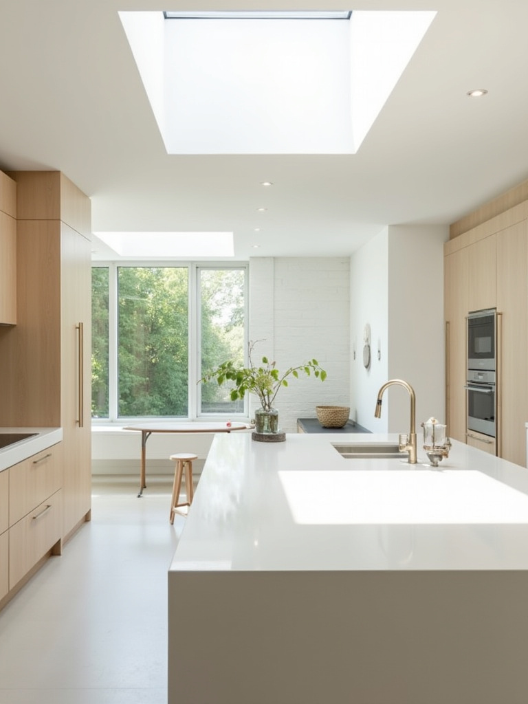 Bright modern kitchen with skylight above island and long picture window, light-colored cabinets and reflective countertops maximizing natural light