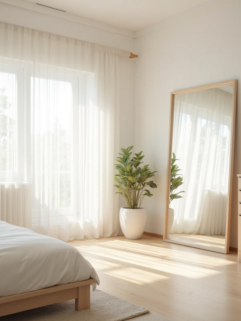 Bright bedroom interior with abundant natural light and reflective surfaces