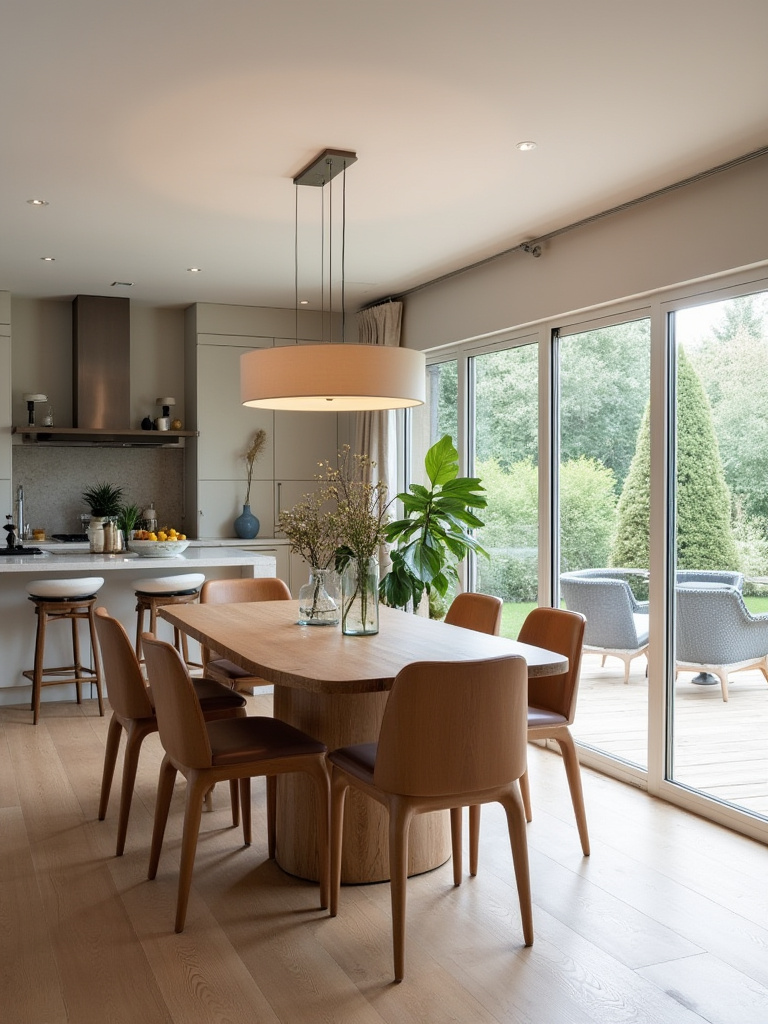 Modern dining room with large sheer windows, glass table, and reflective surfaces maximizing natural light