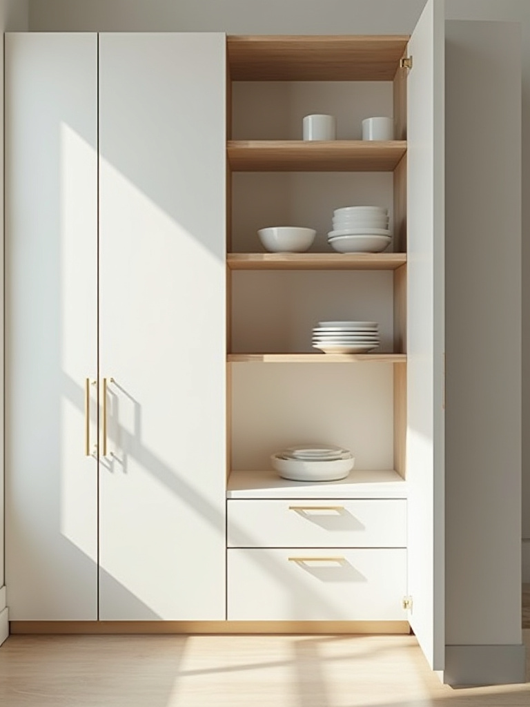 Vertical portrait of a modern kitchen cabinet interior showing space and organization.
