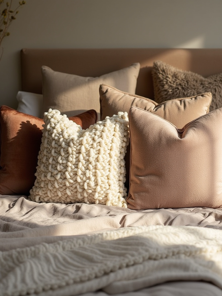 Cozy bedroom bed with mix and match plush throw pillows of velvet, knit, <a href=