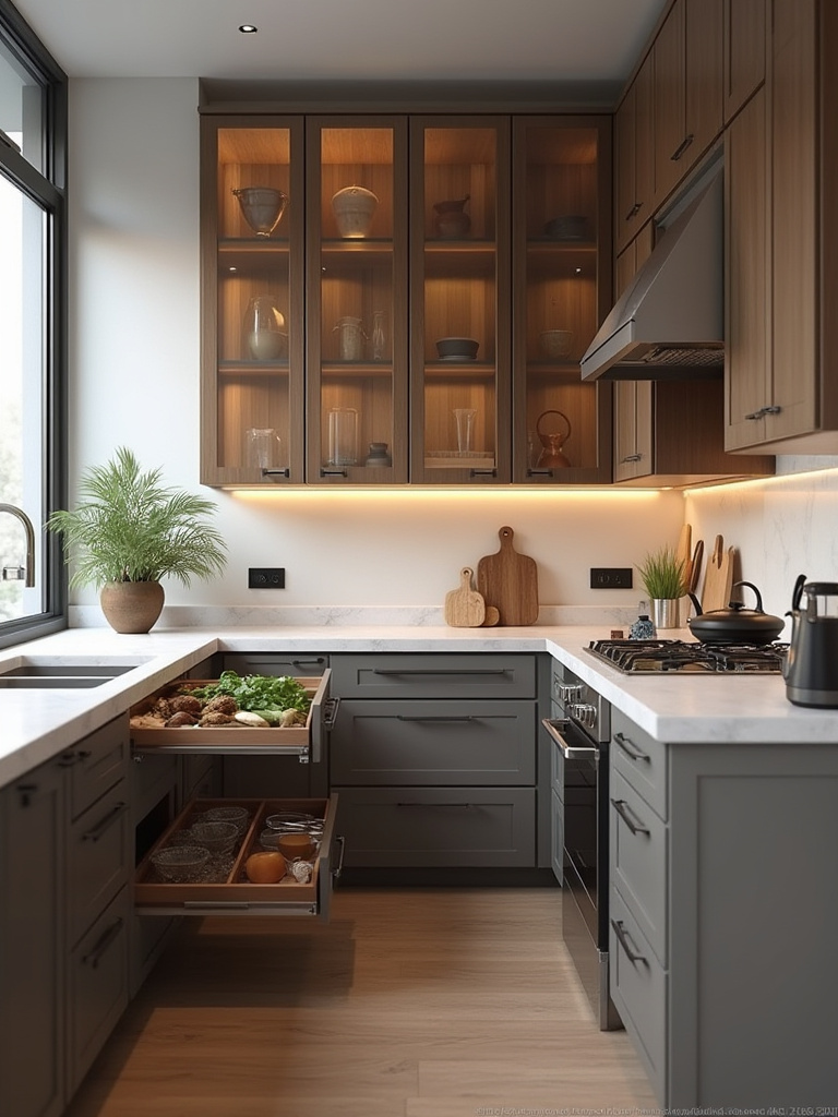 Modern kitchen with smart cabinetry features including pull-out pantry, deep drawers, and lift-up doors, showcasing organized storage.