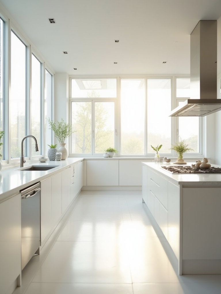 Bright kitchen interior with large windows maximizing natural light, island, and reflective surfaces