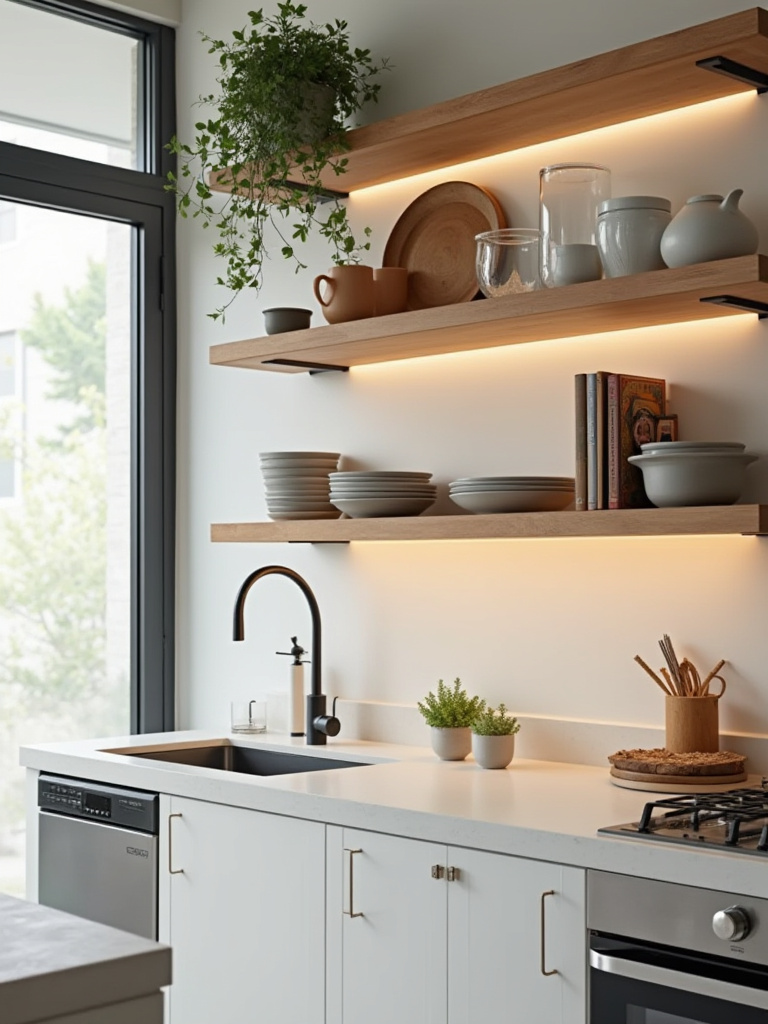 Vertical kitchen with open wooden shelves, curated dishes, plants, and cookbooks showcasing accessible style.