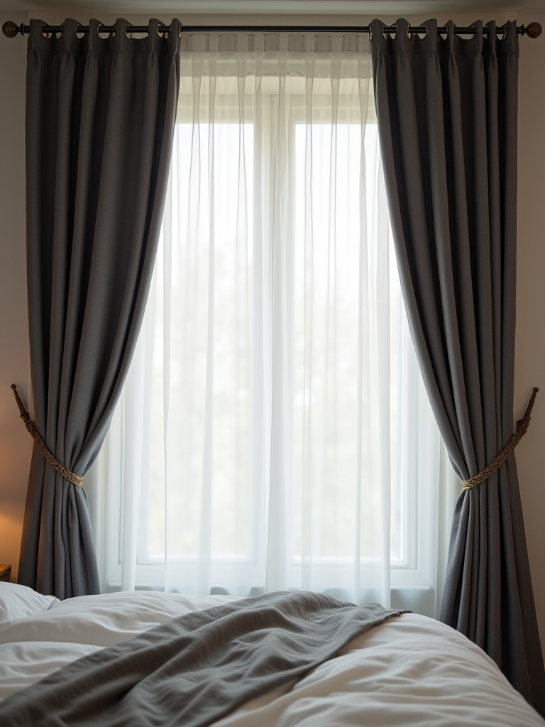 Cozy bedroom window with charcoal blackout curtains and white sheer drapes allowing versatile light control