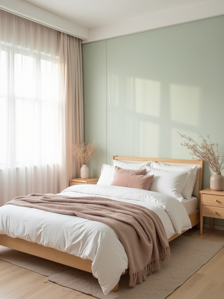 Vertical bedroom interior showing soft pastel walls with warm neutrals, a neatly made bed, daylight from sheer curtains, and warm wood accents.