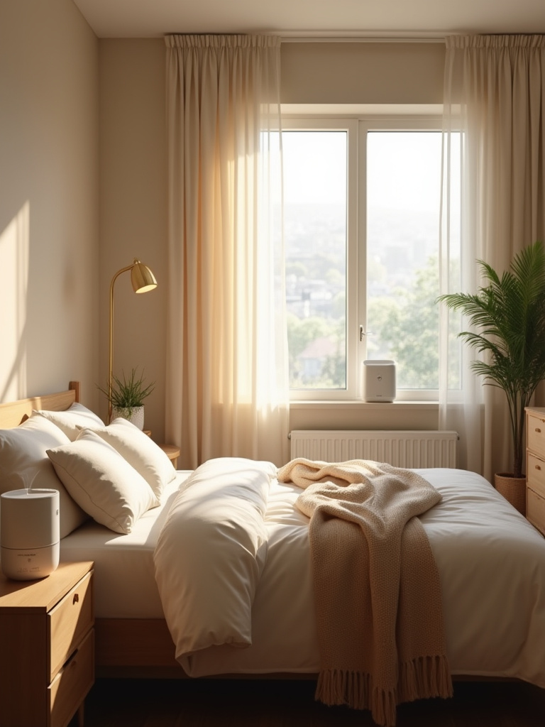 Cozy bedroom scene with a bedside humidifier and a purifier on the dresser, warm lighting, no people.