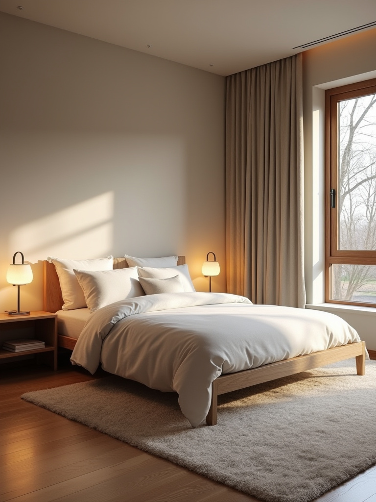 Vertical interior photo of a cozy bedroom showing a bed placed against a solid wall in the commanding position with two nightstands and soft lighting.