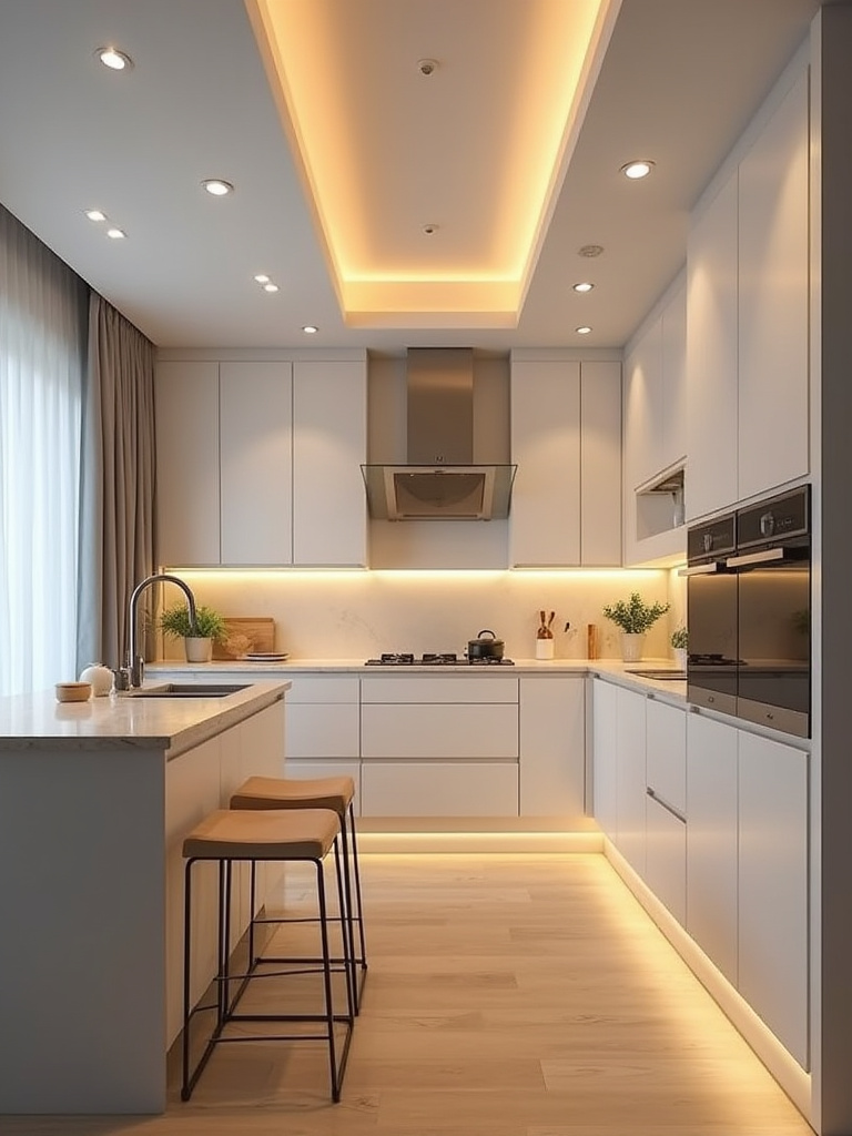 Vertical view of a modern kitchen with evenly spaced recessed lights and under-cabinet LED strips providing uniform illumination across island and countertops.