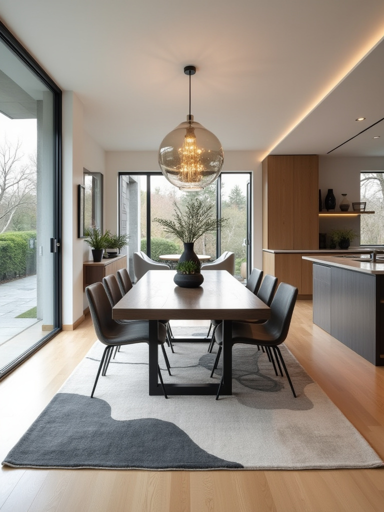 Modern dining room with optimized open concept flow, featuring seamless integration between dining, kitchen, and living areas with natural light and stylish furnishings