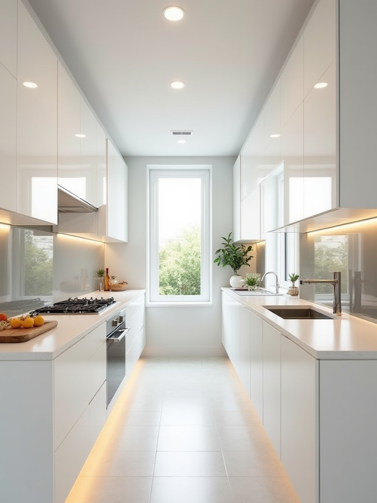 Bright small kitchen with high-gloss white cabinets and reflective surfaces visually expanding the space
