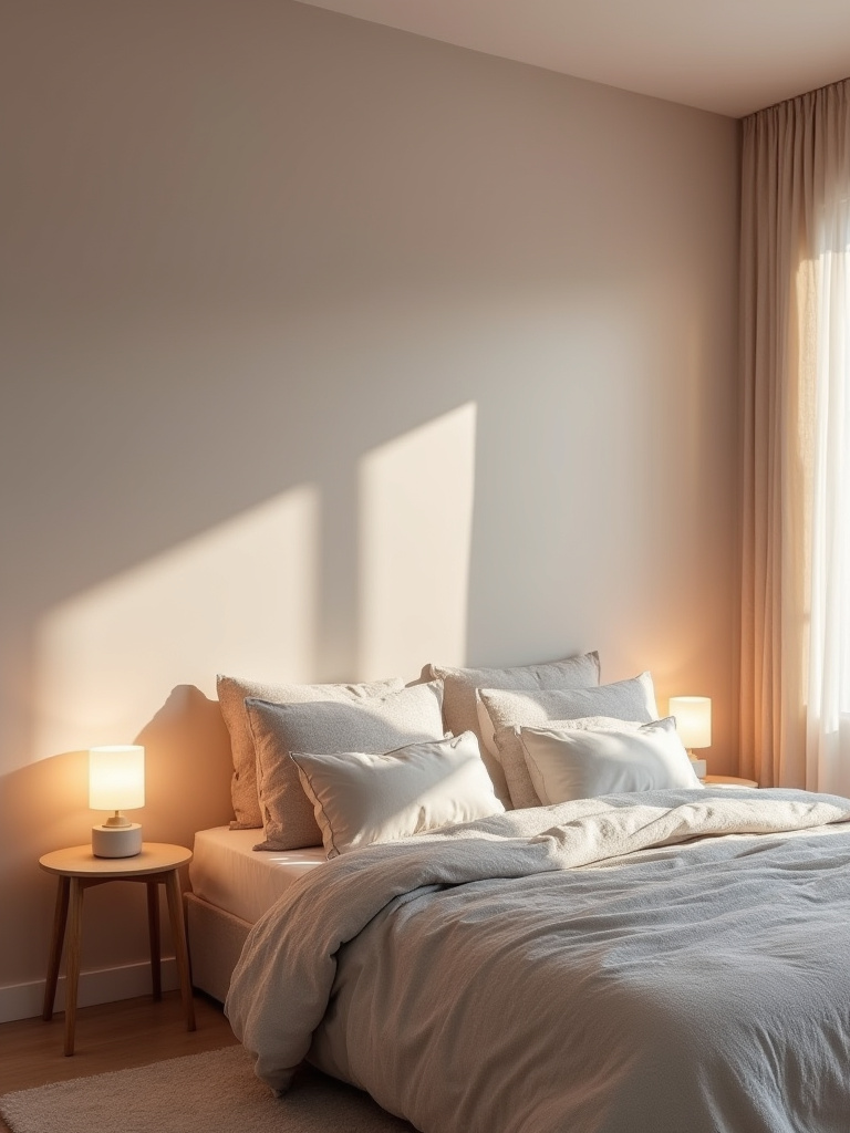 Cozy bedroom with warm calming toned walls, soft lighting, and inviting textured bedding