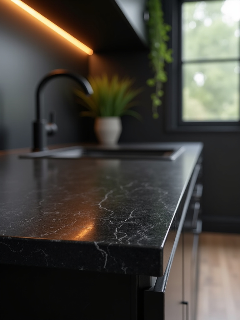 Close-up of polished granite countertop with subtle veining complementing matte black kitchen cabinets under warm LED lighting