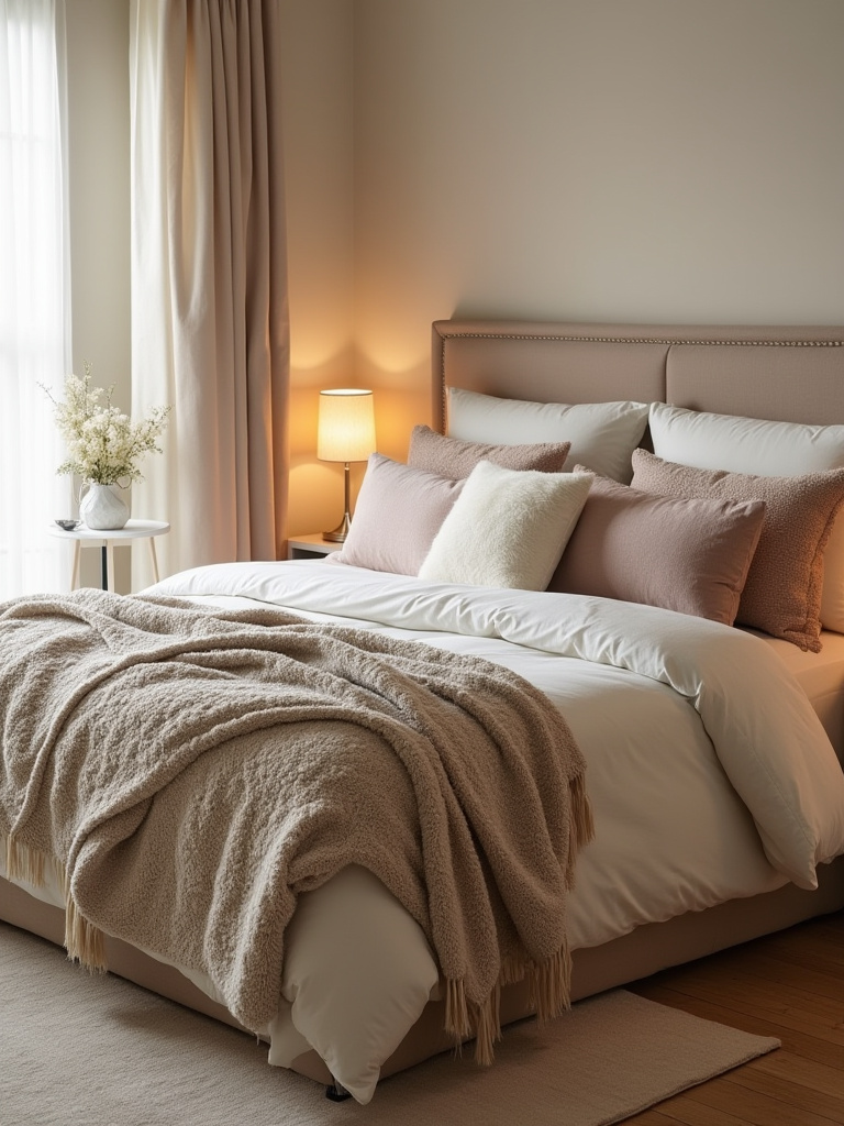 Bed with layered throws and decorative pillows in a warm, cozy bedroom.