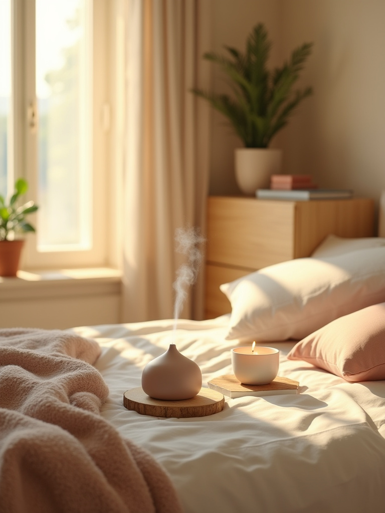 Cozy bedroom corner with candles and diffuser on a bedside table, warm lighting