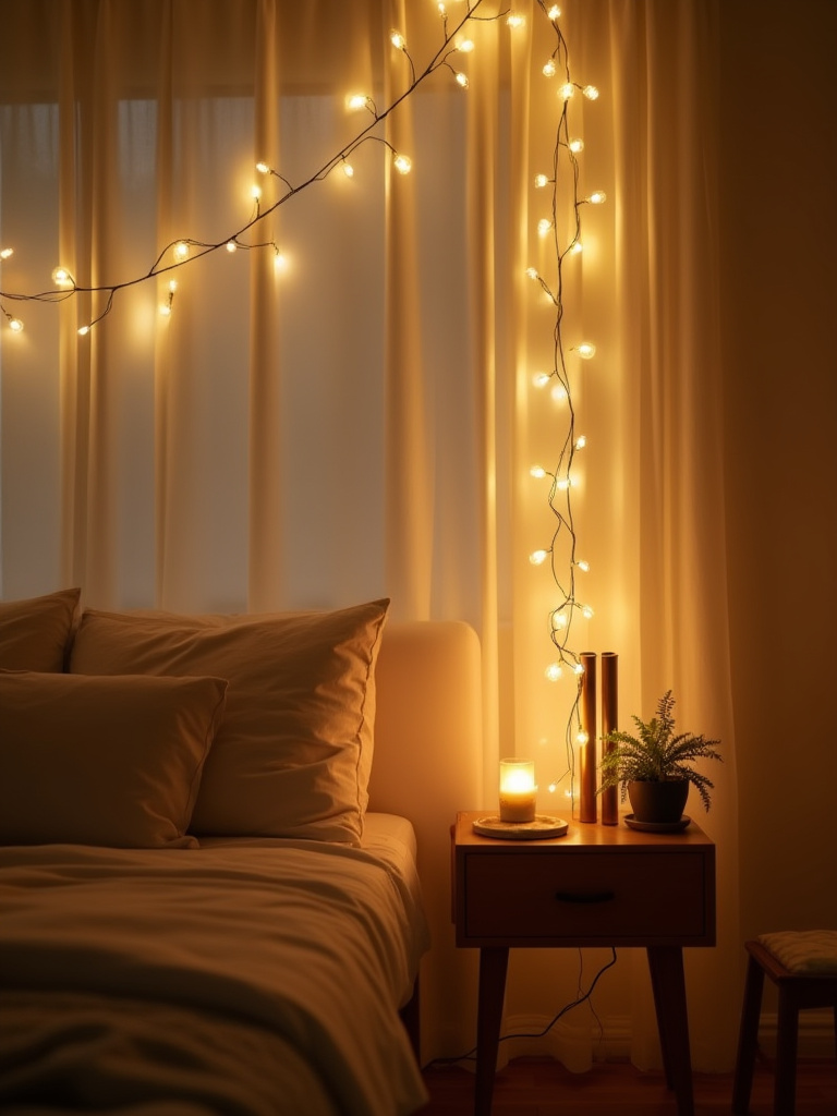 Cozy bedroom corner illuminated by warm white LED string lights draped on sheer curtains with a bedside plant and soft lighting