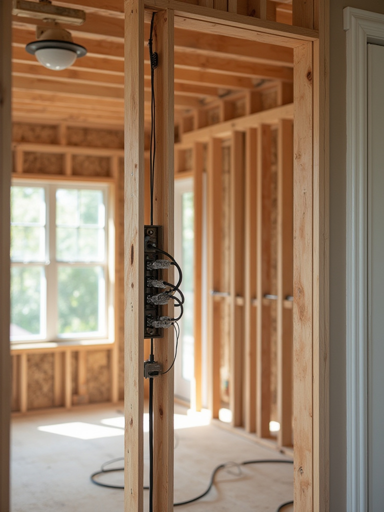 Framed kitchen rough-in with exposed studs, electrical wiring bundles, junction boxes and conduit routed to an island for future fixtures