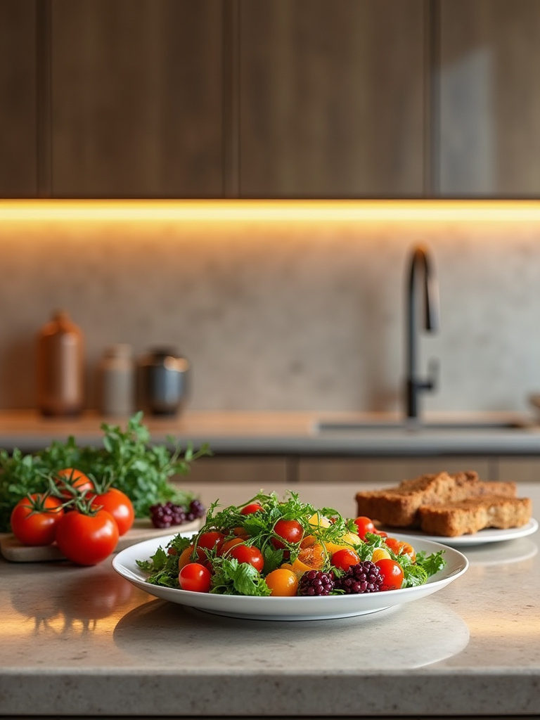 Vertical photo of modern kitchen island with colorful plated salad and fresh produce lit by warm high-CRI LED pendants and under-cabinet lights showing true-to-life colors