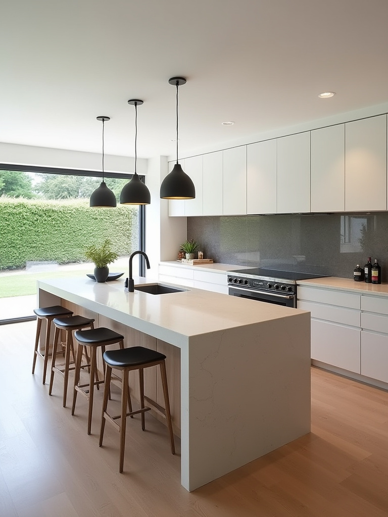 Vertical shot of a modern kitchen island with defined zones, seating, and integrated storage in a sunlit kitchen.