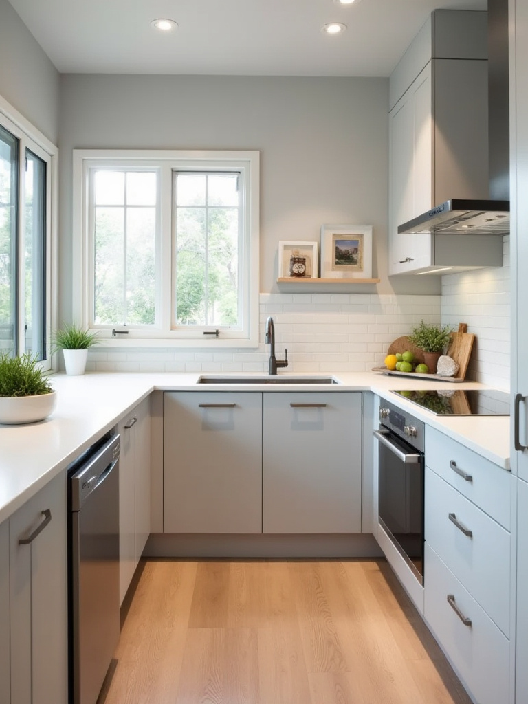 Small kitchen with compact integrated appliances built into cabinetry, maximizing counter space and creating a sleek modern look